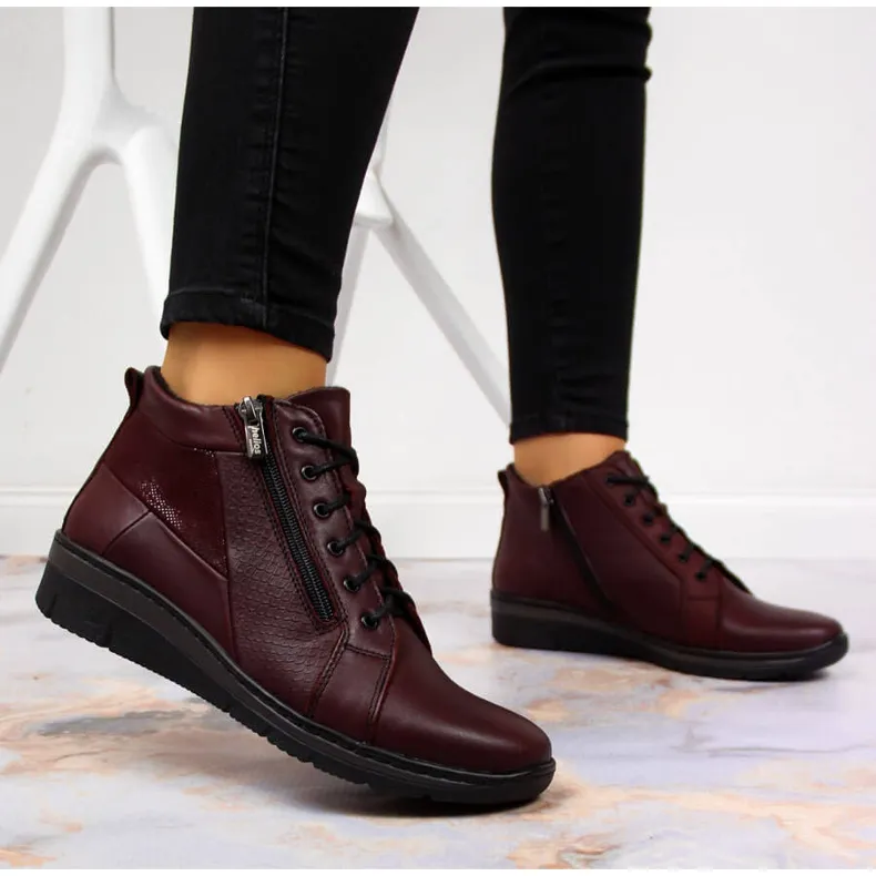 Bottes femme en cuir à talon compensé Helios 567 bordeaux rouge