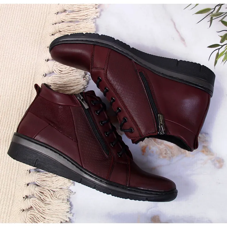 Bottes femme en cuir à talon compensé Helios 567 bordeaux rouge