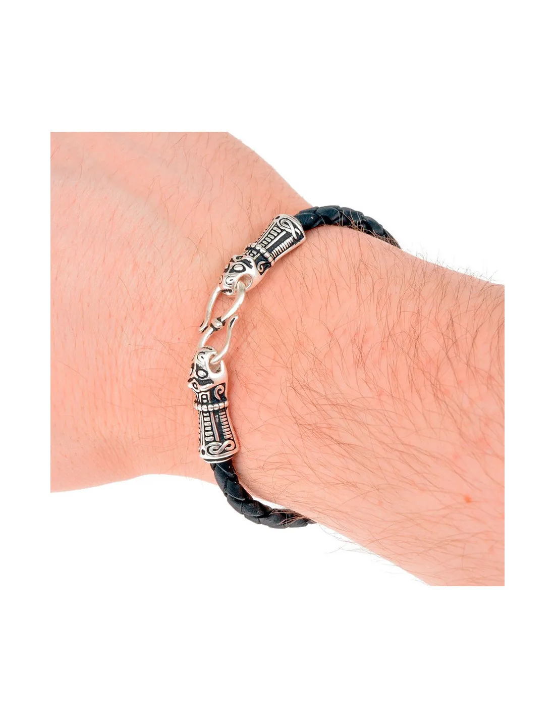 Bracelet Viking Mandermark plaqué argent sur cuir noir ⚔️ Boutique Épées