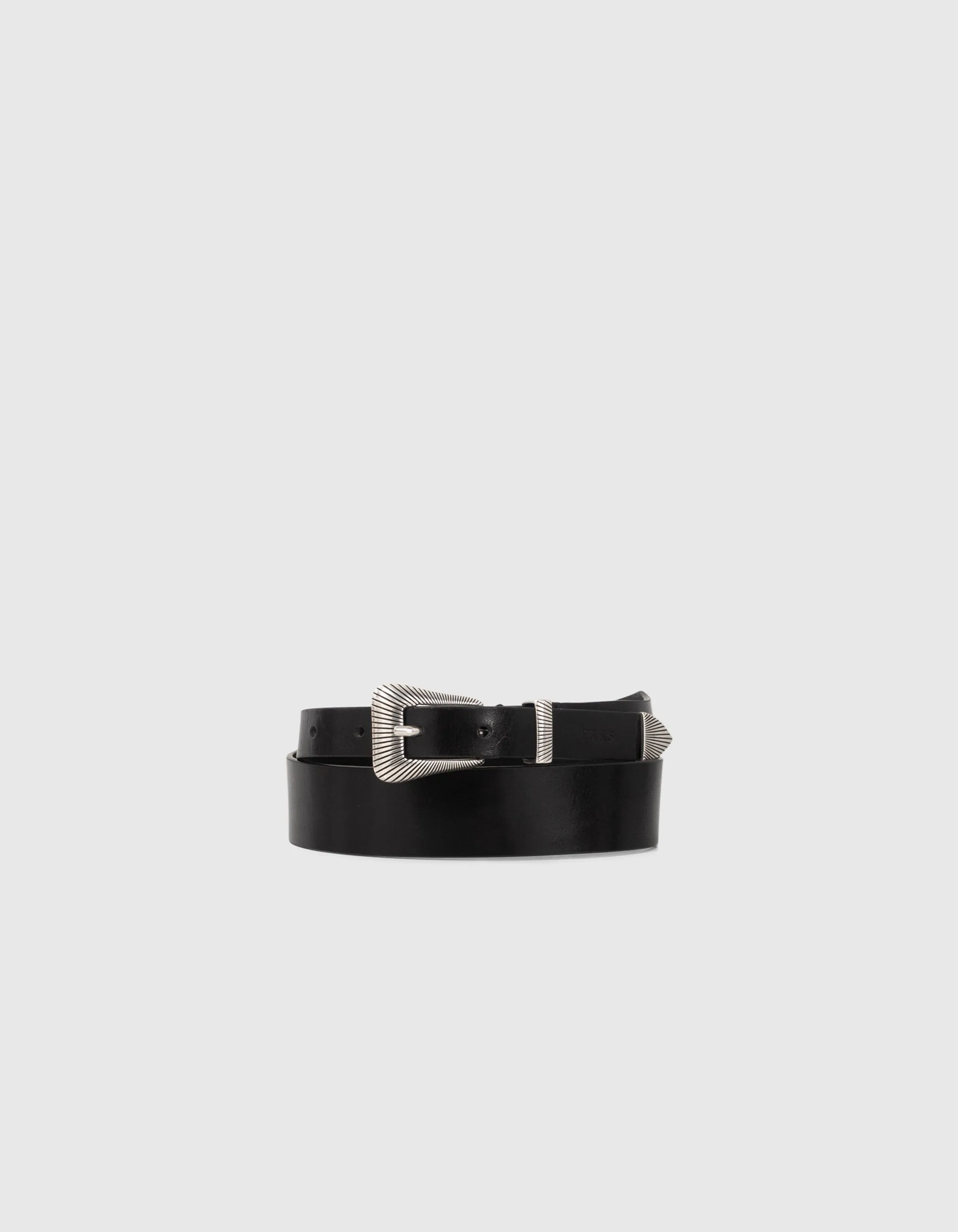 Ceinture noire en cuir asymétrique avec bout métal femme