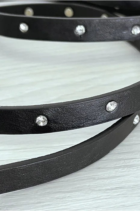 Ceinture noire fine très longue de 2 mètres à strass