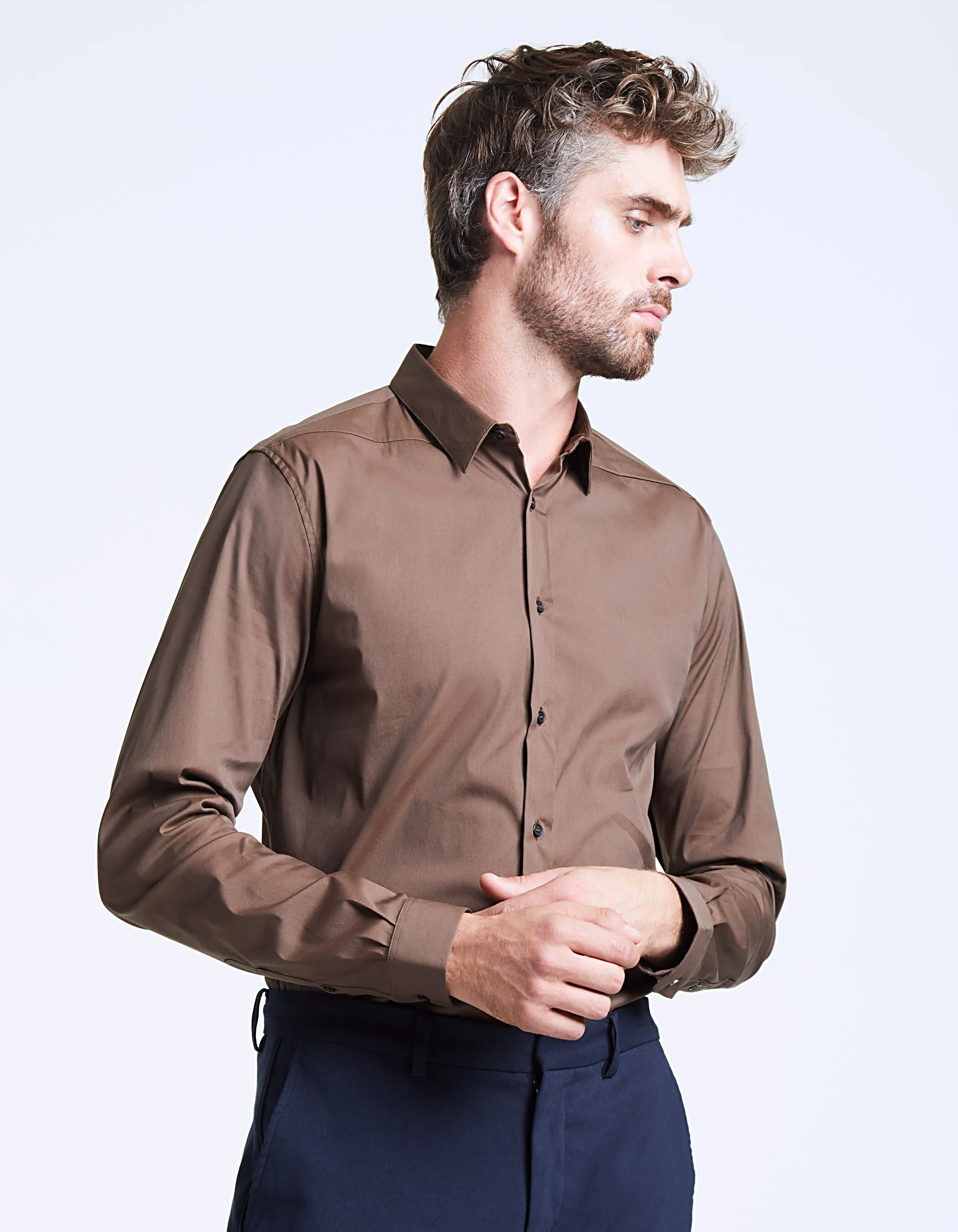 Chemise marron détail col Easy Care Homme