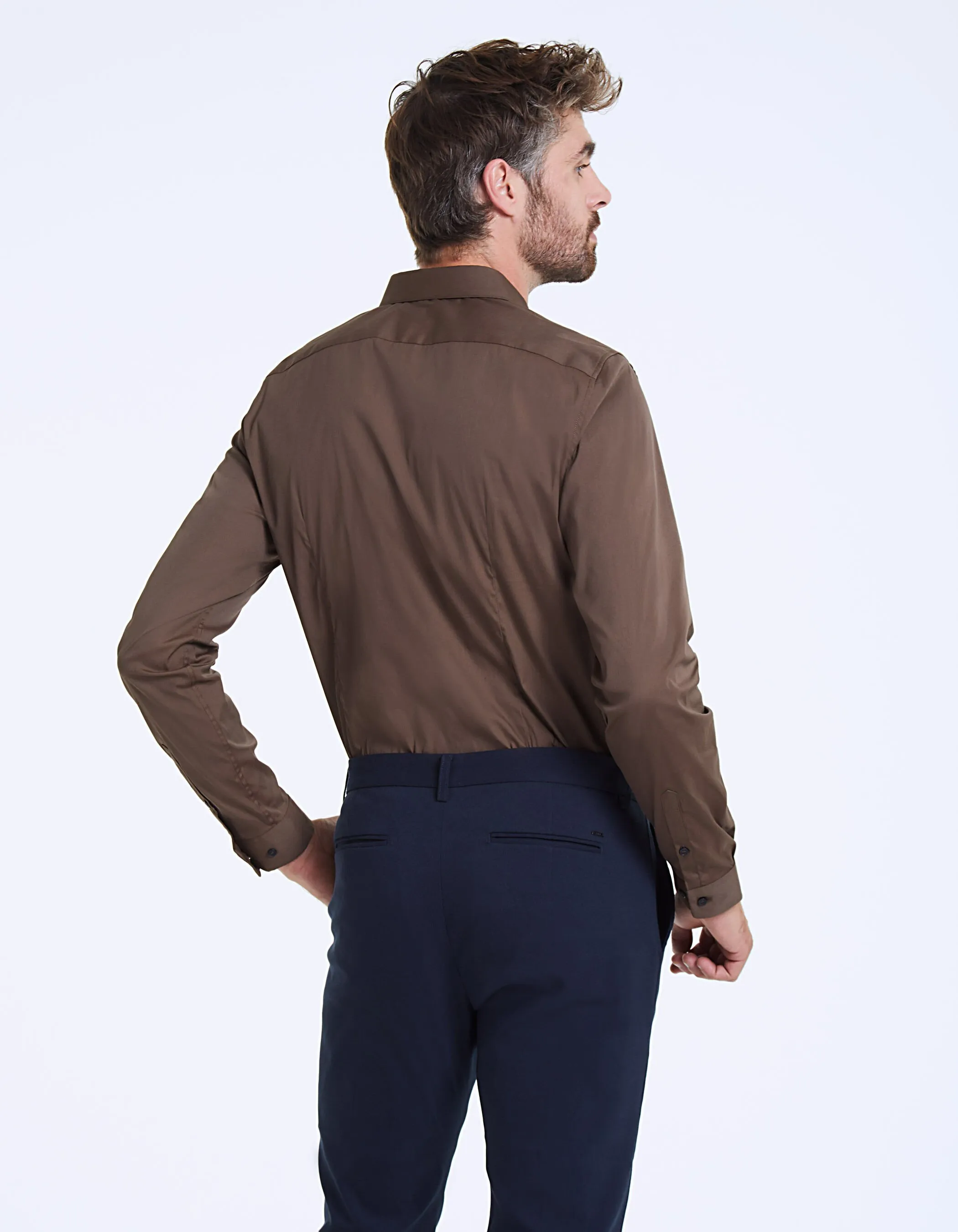 Chemise marron détail col Easy Care Homme