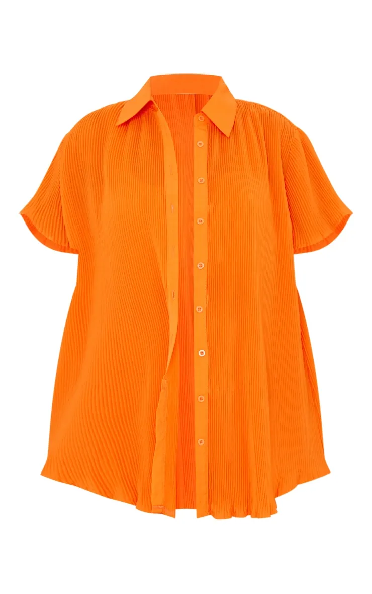 Chemise oversize plissée orange vif à manches courtes et boutons