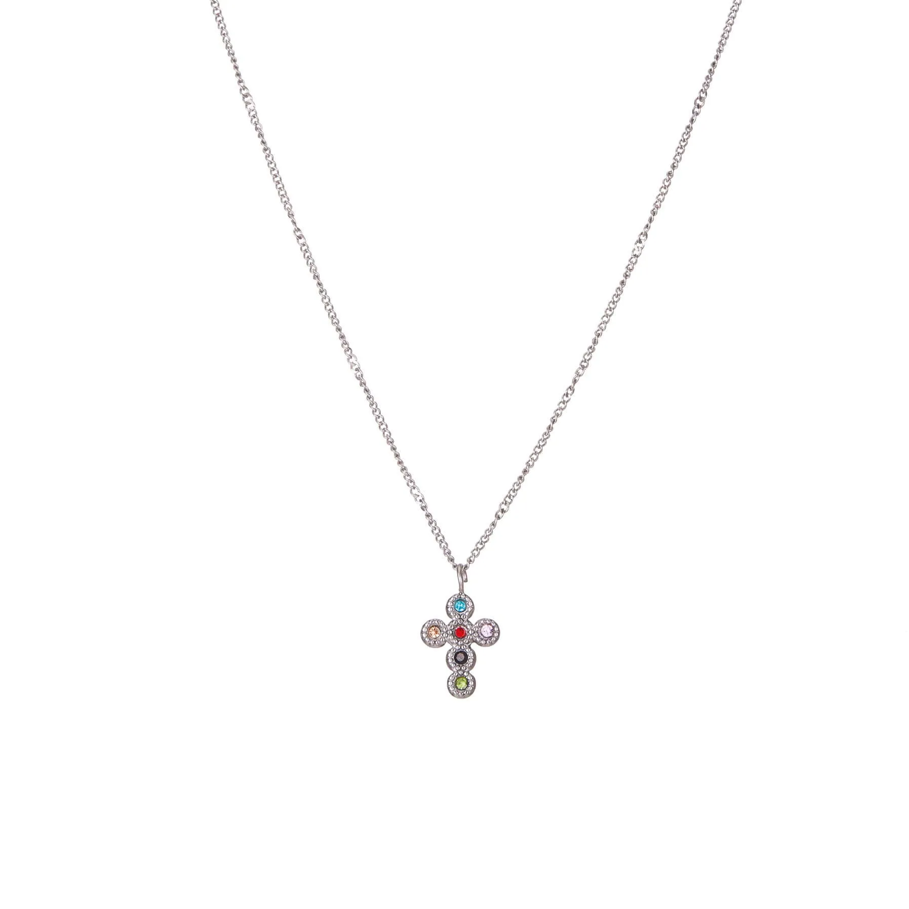 Collier croix zircons multicolores acier