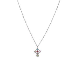 Collier croix zircons multicolores acier