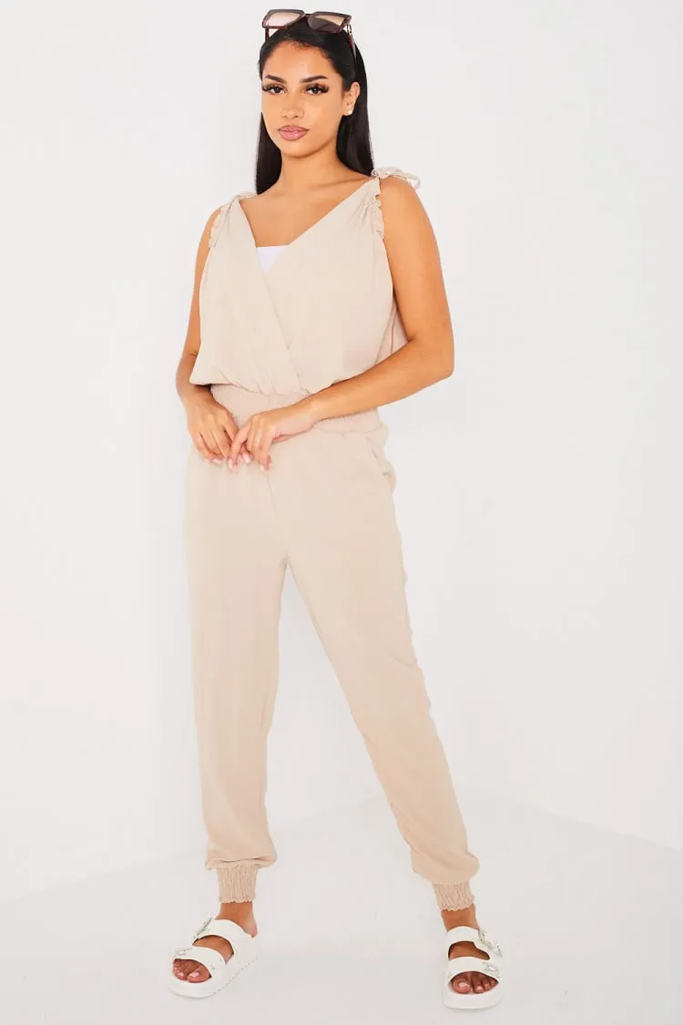 Combinaison pantalon beige fluide à manches noué