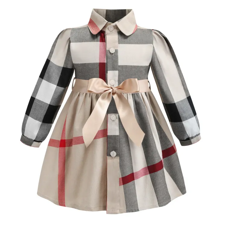 Enfants Nouveau Style À Manches Longues Fille Robe À Carreaux Tenue Décontractée Arc Coton Enfants Vêtements Vêtements Pour Enfa