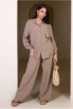 Ensemble 2 pièces chemise + pantalon en gaz de coton taupe