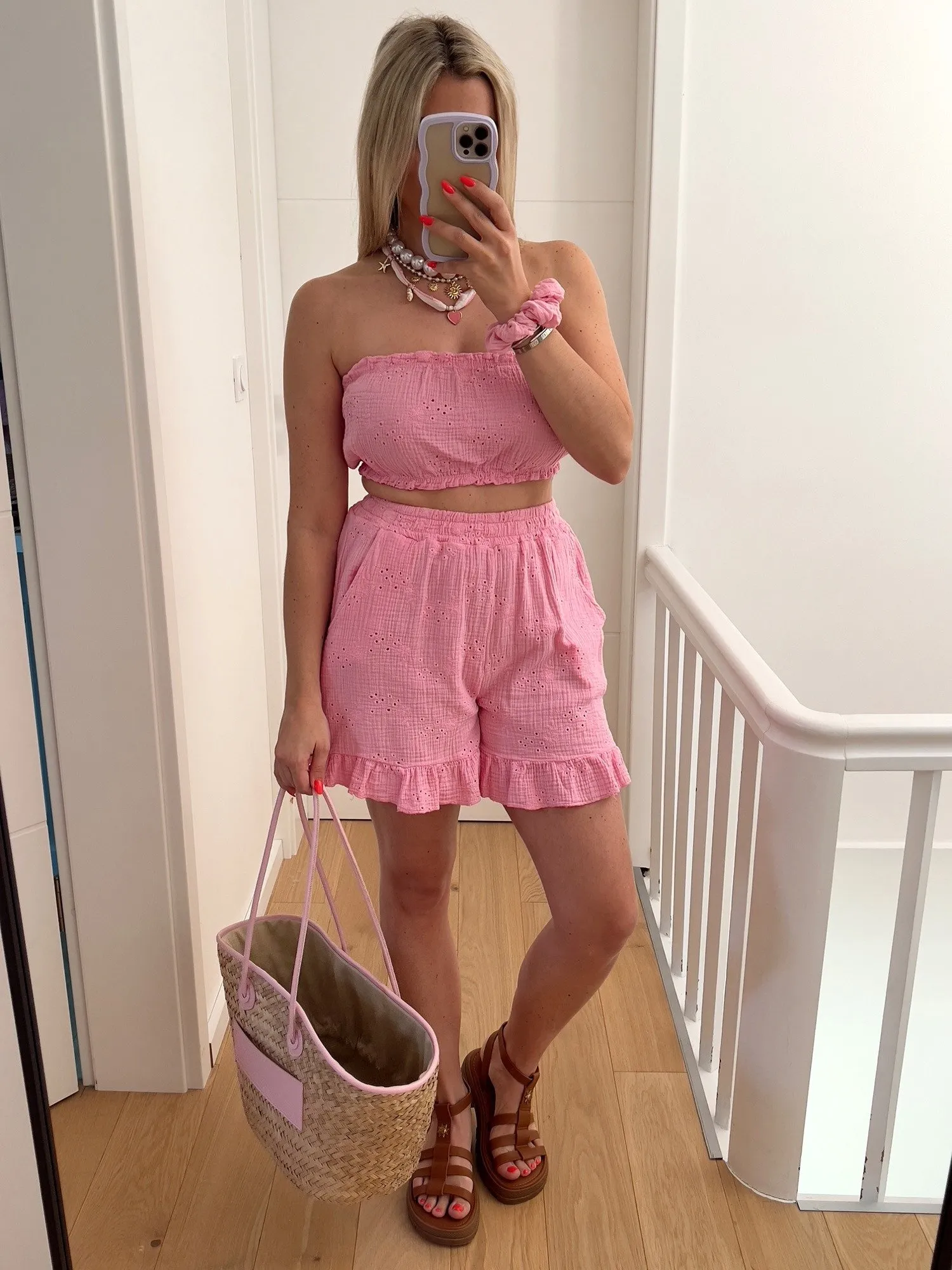 Ensemble NUITIMA Trois pièces chemise, bandeau et short en gaze de coton rose