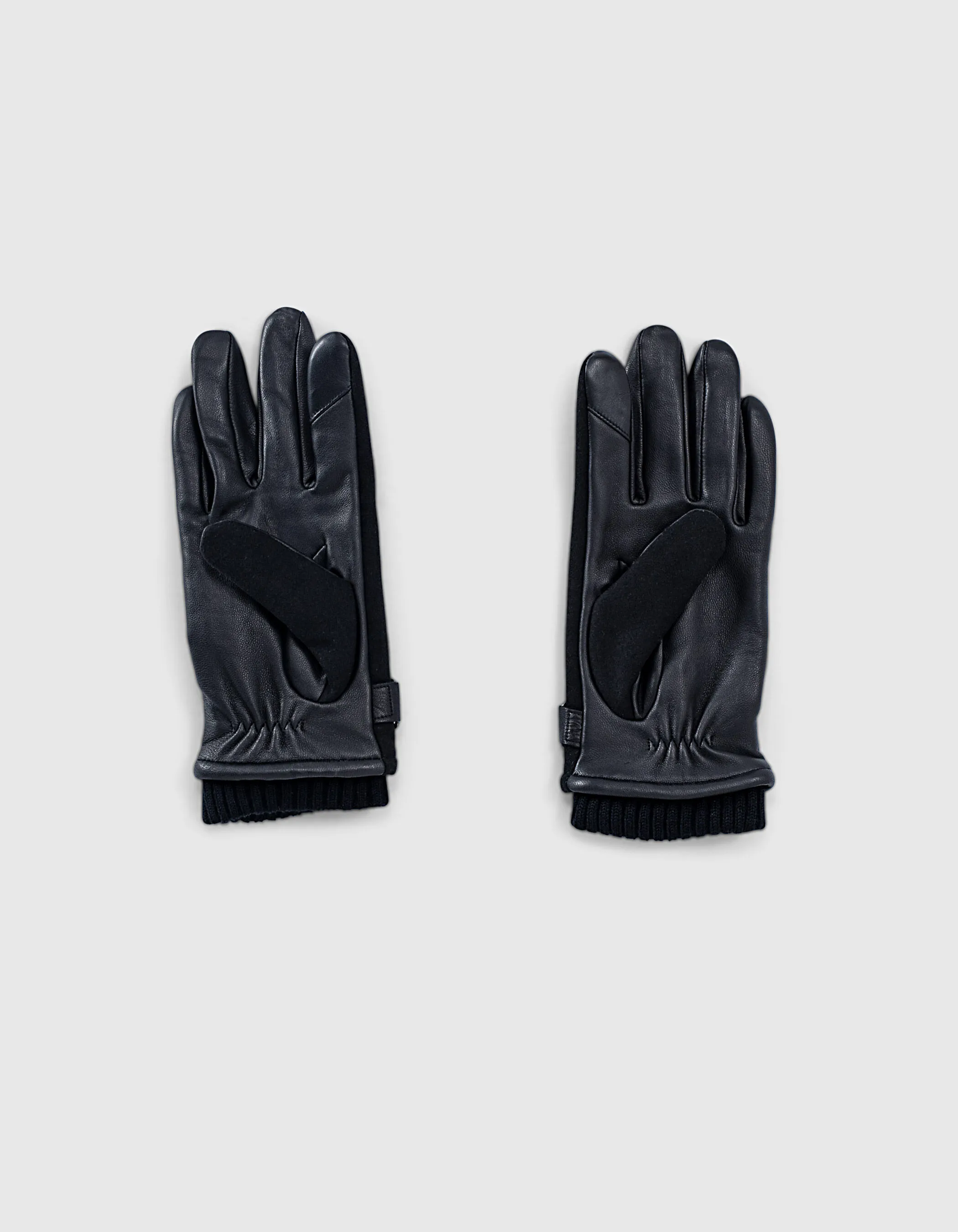 Gants noirs bi matière en cuir et laine feutrée Homme