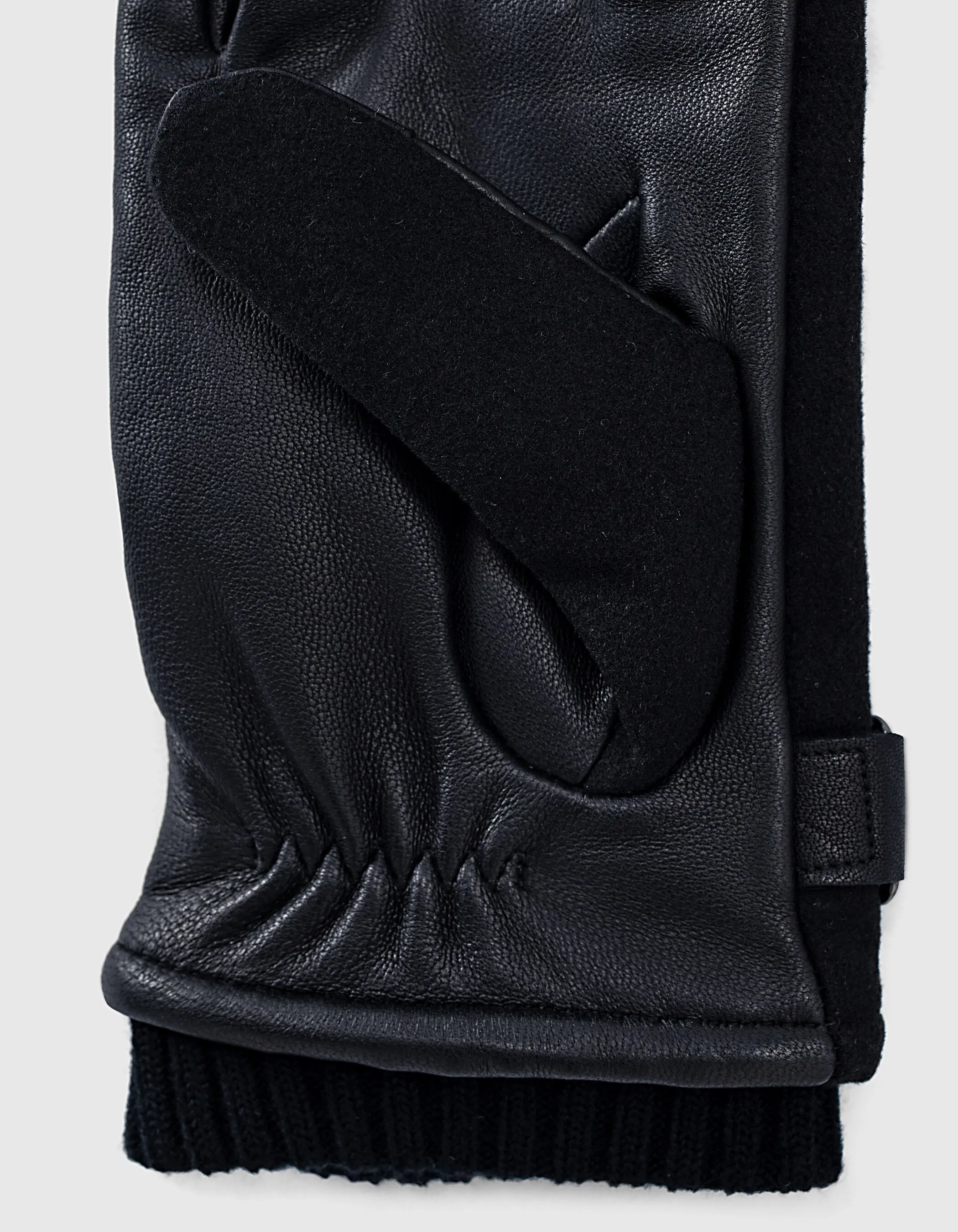 Gants noirs bi matière en cuir et laine feutrée Homme