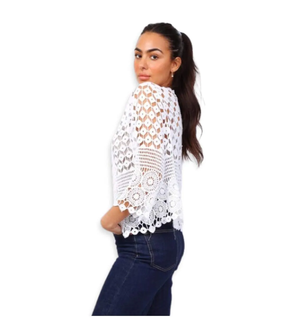 Gilet femme manches 3/4 - Dentelle en coton - Couleur blanc