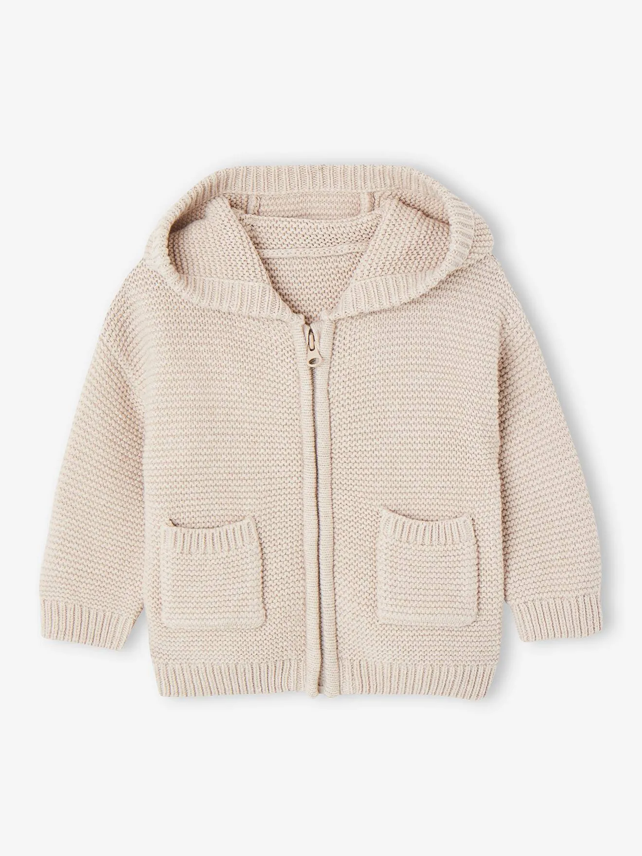 Gilet à capuche zippé en tricot bébé beige chiné - Vertbaudet