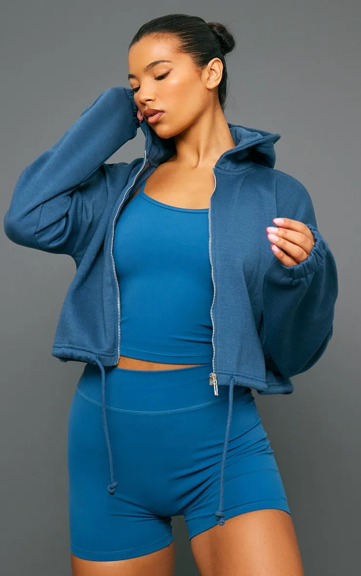 Hoodie court bleu marine foncé à zip et cordons ajustables