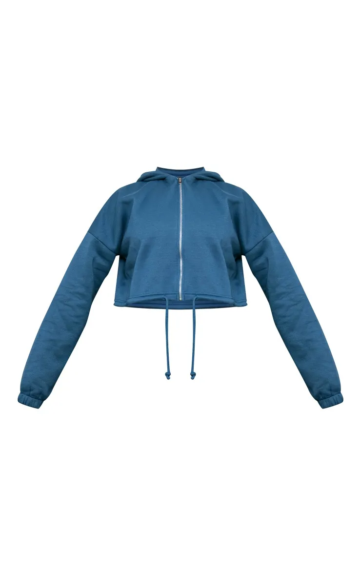 Hoodie court bleu marine foncé à zip et cordons ajustables