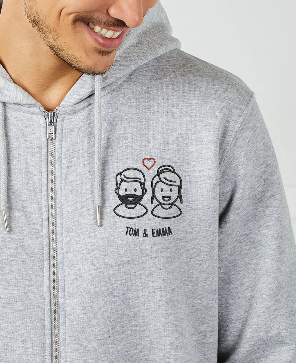 Hoodie zippé homme Couple figurine brodé personnalisé