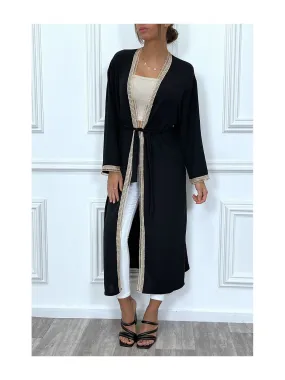 Kimono noir à bordure brodé beige et ceinture