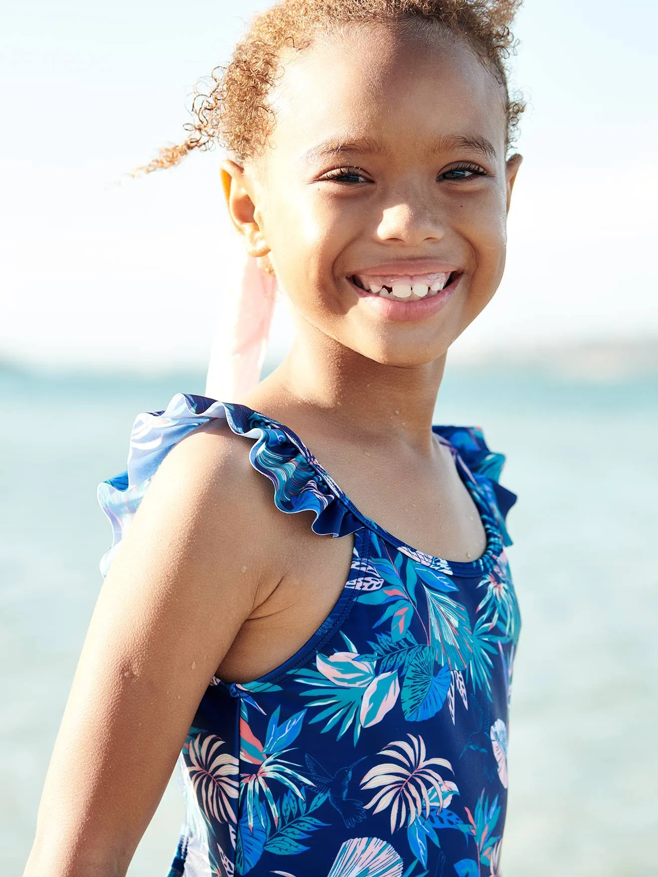 Maillot de bain 1 pièce imprimé tropical fille marine - Vertbaudet