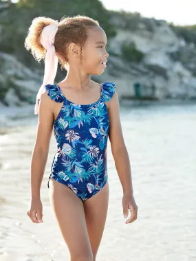 Maillot de bain 1 pièce imprimé tropical fille marine - Vertbaudet