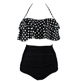 Maillot De Bain Vintage  Volant Noir Pois Blancs