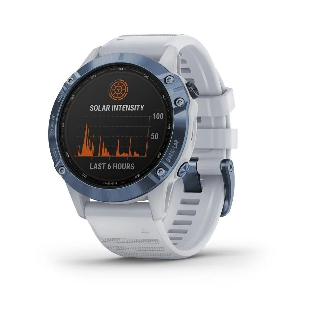 Montre de sport GPS Garmin | Montre GPS de sport connectée à énergie solaire Garmin fenix® 6 Pro Solar, Titane Cobalt Blue avec 