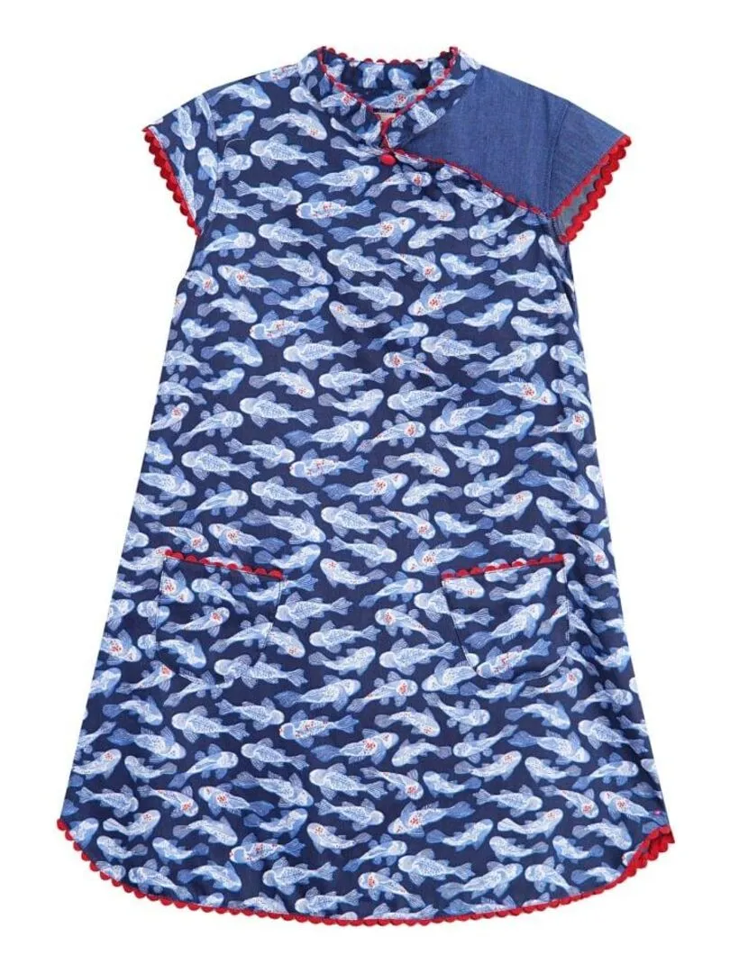 Robe Chinoise Fille  Poisson Koï Bleu  col Mao  ANNAM - 'LA FAUTE A VOLTAIRE' - Bleu