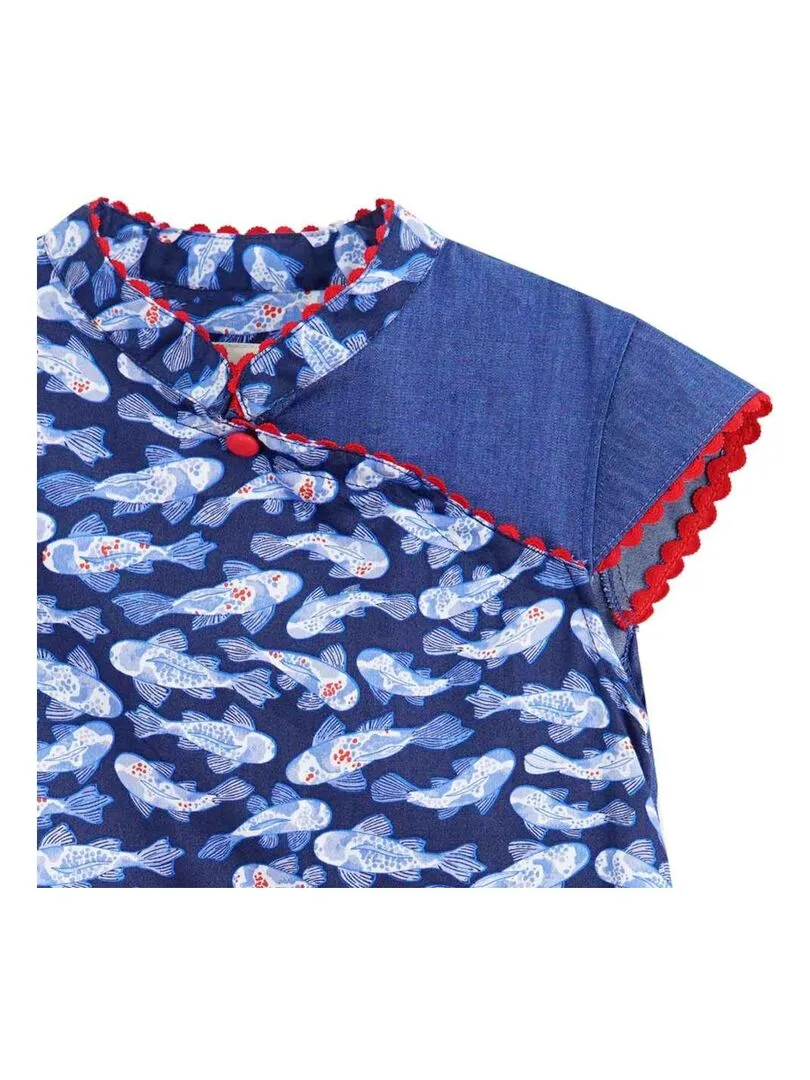 Robe Chinoise Fille  Poisson Koï Bleu  col Mao  ANNAM - 'LA FAUTE A VOLTAIRE' - Bleu