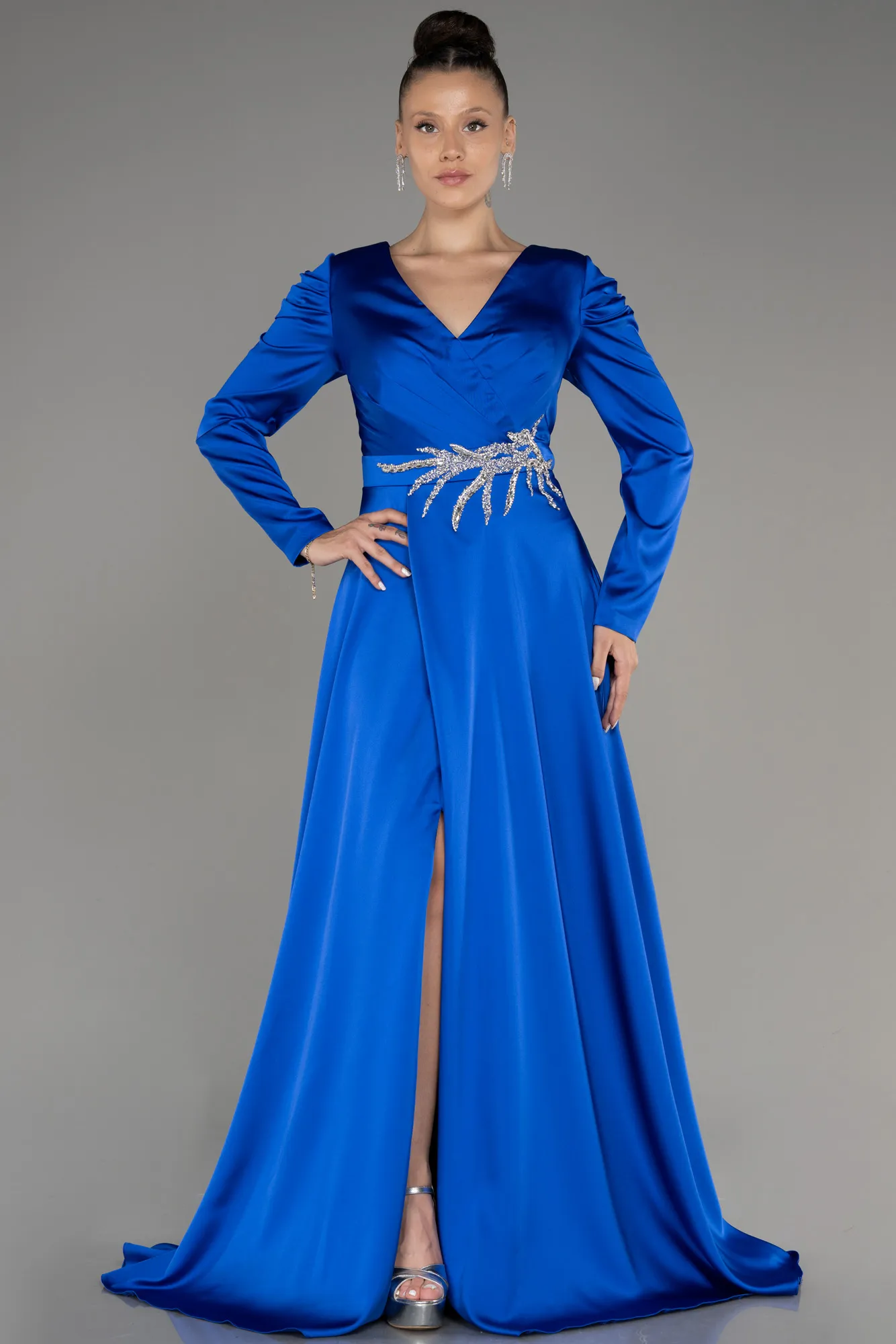 Robe De Fiançailles Grande Taille Longue Satin Bleu Marine ABU3941