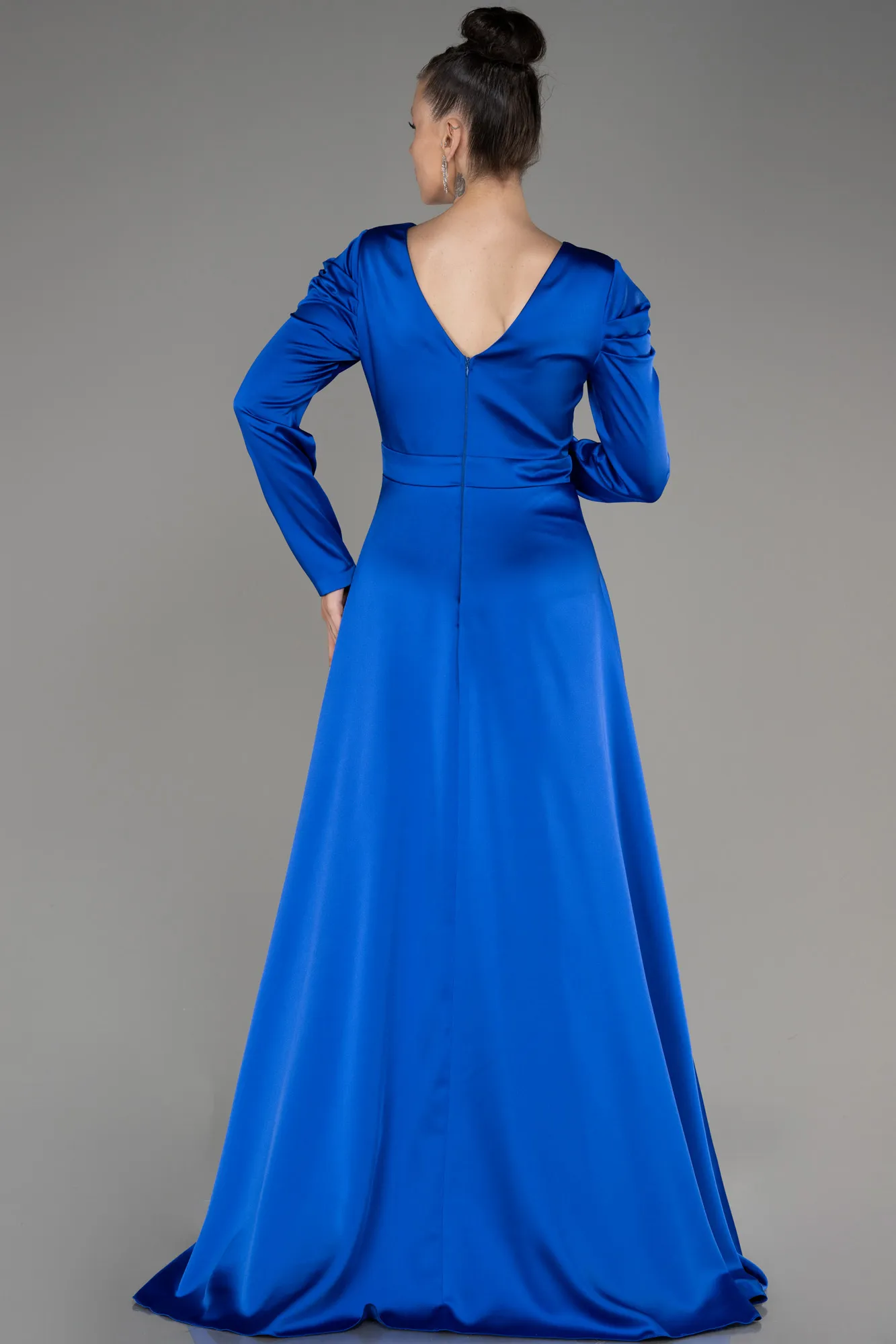 Robe De Fiançailles Grande Taille Longue Satin Bleu Marine ABU3941