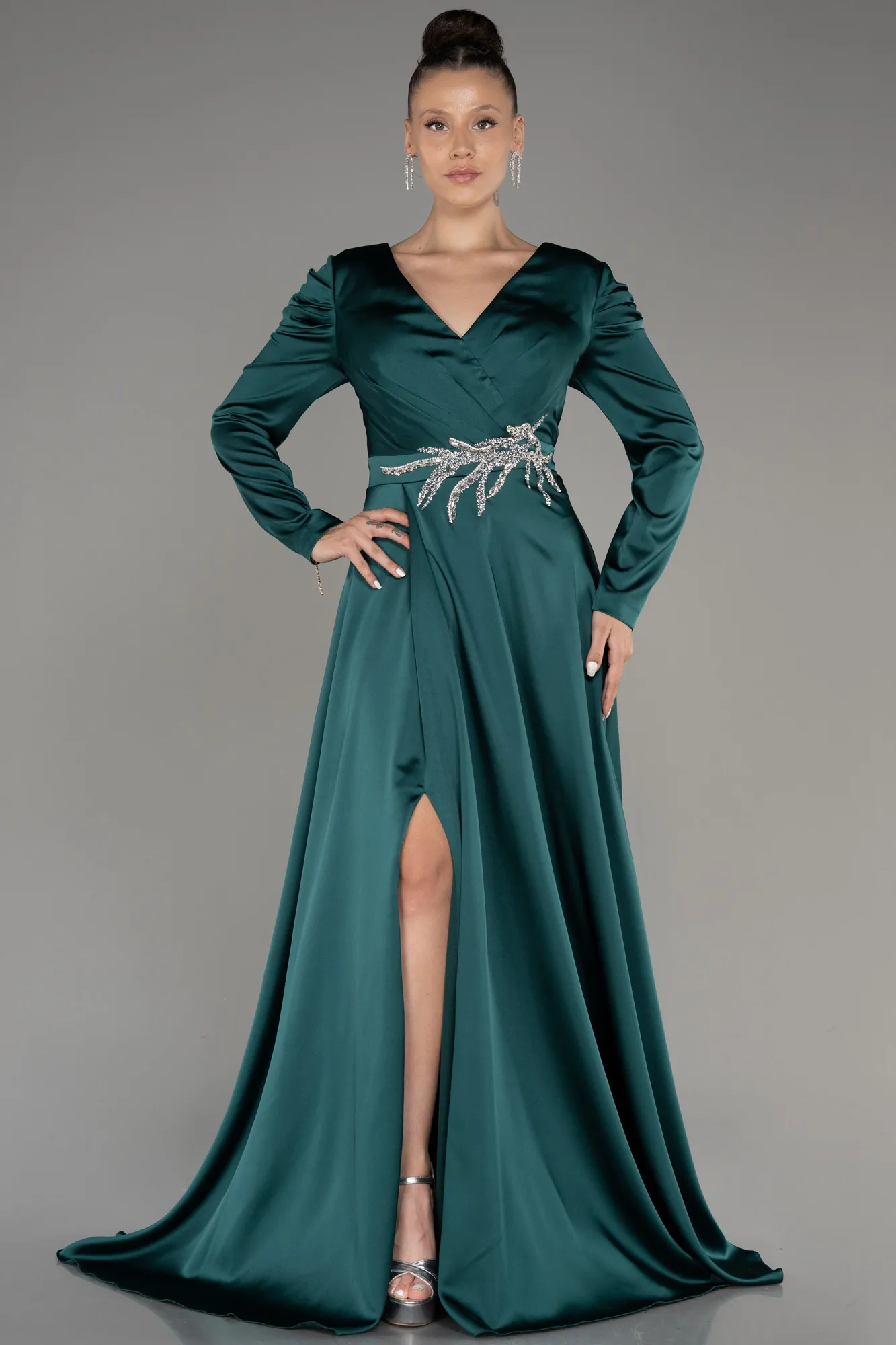 Robe De Fiançailles Grande Taille Longue Satin Bleu Marine ABU3941