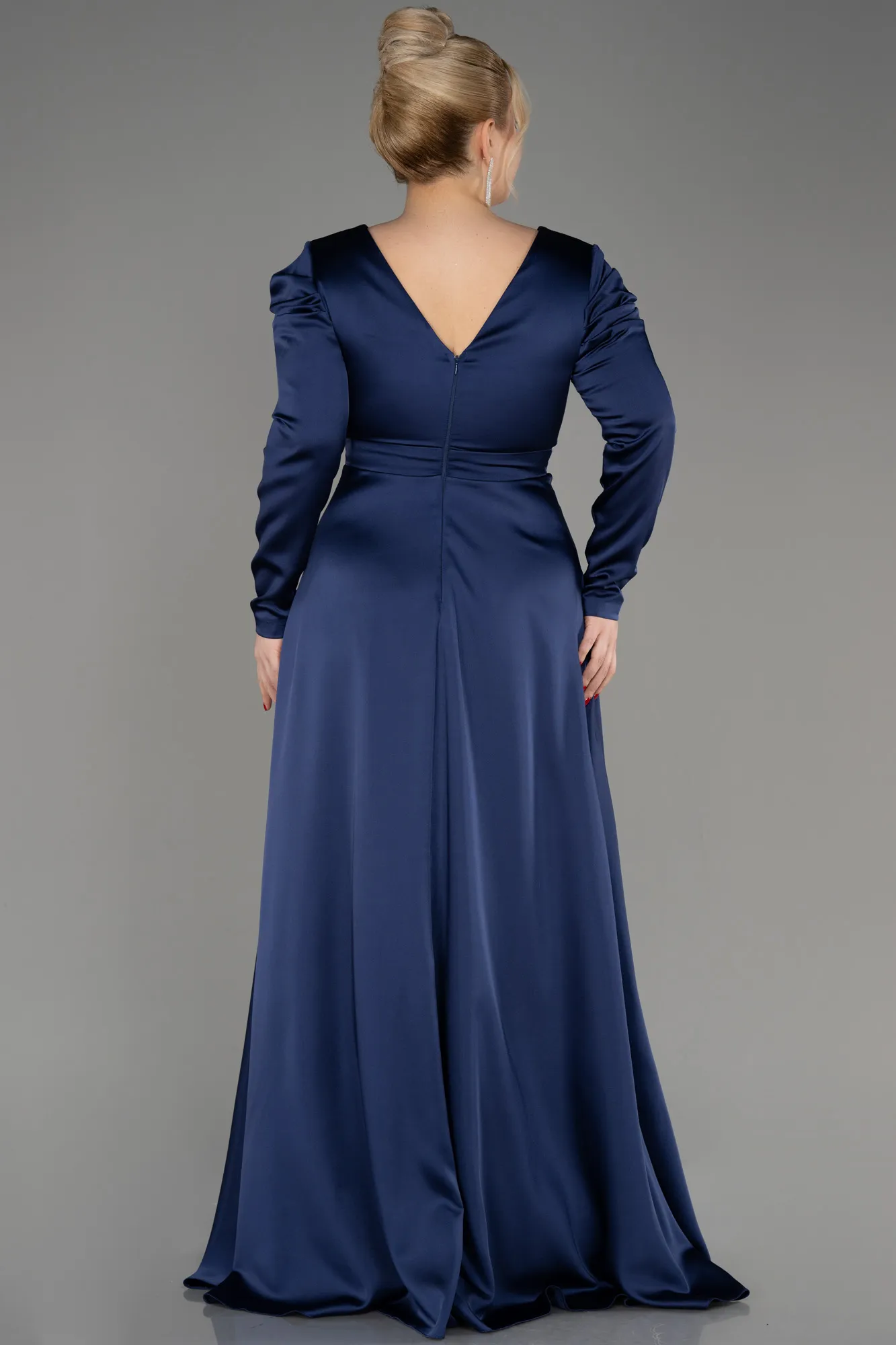 Robe De Fiançailles Grande Taille Longue Satin Bleu Marine ABU3941