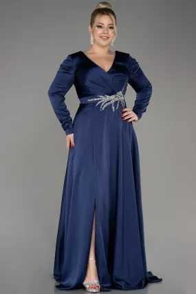 Robe De Fiançailles Grande Taille Longue Satin Bleu Marine ABU3941