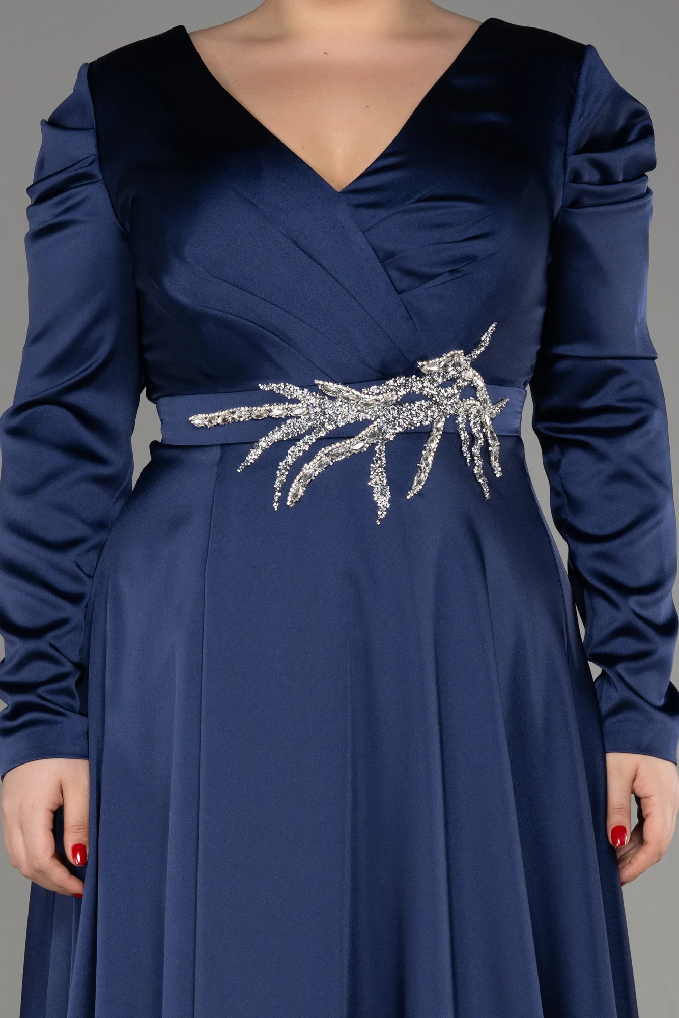 Robe De Fiançailles Grande Taille Longue Satin Bleu Marine ABU3941