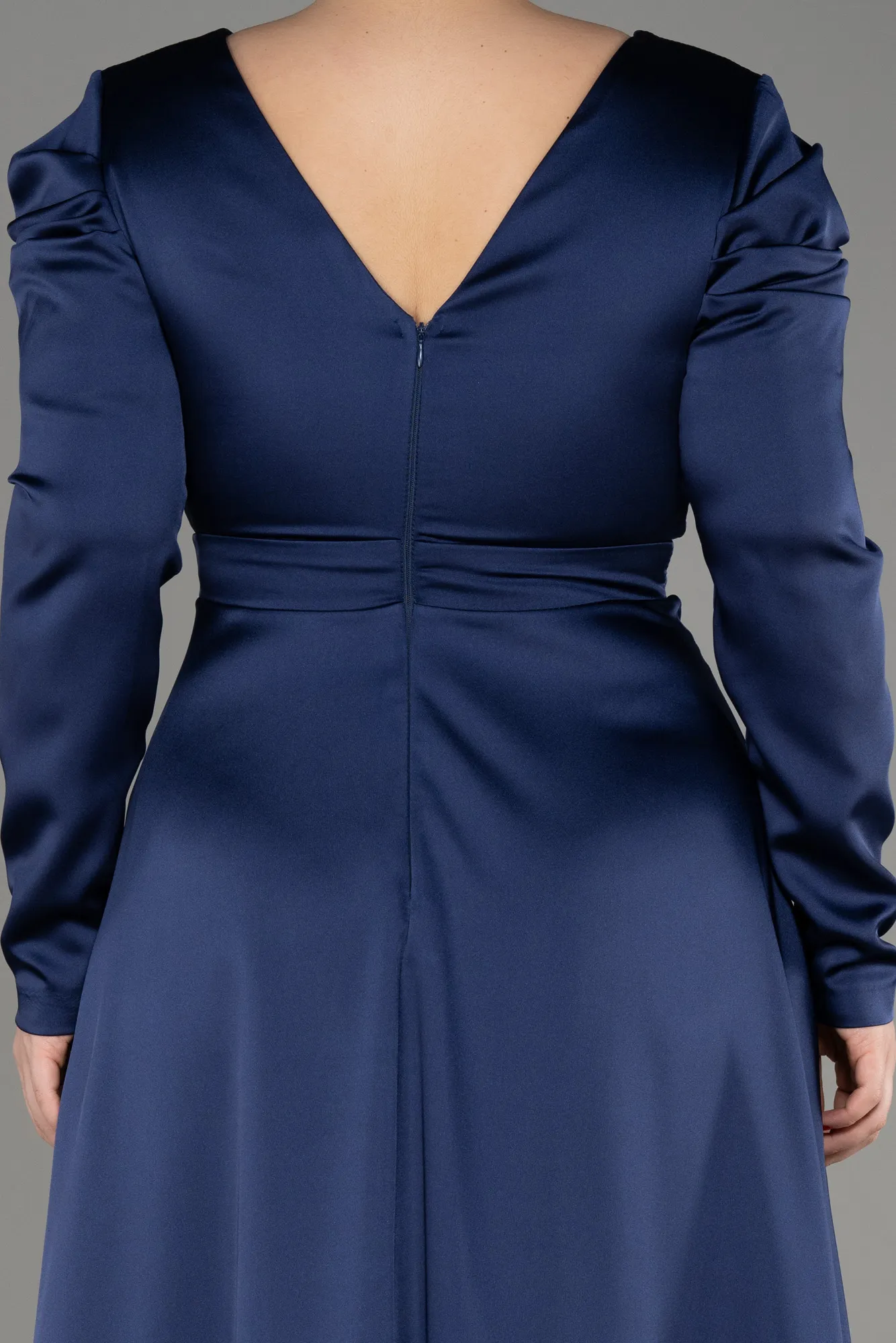 Robe De Fiançailles Grande Taille Longue Satin Bleu Marine ABU3941