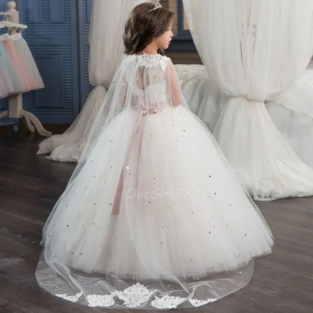 Robe De Mariée Fille Avec Cape Tulle Strass Ceinture