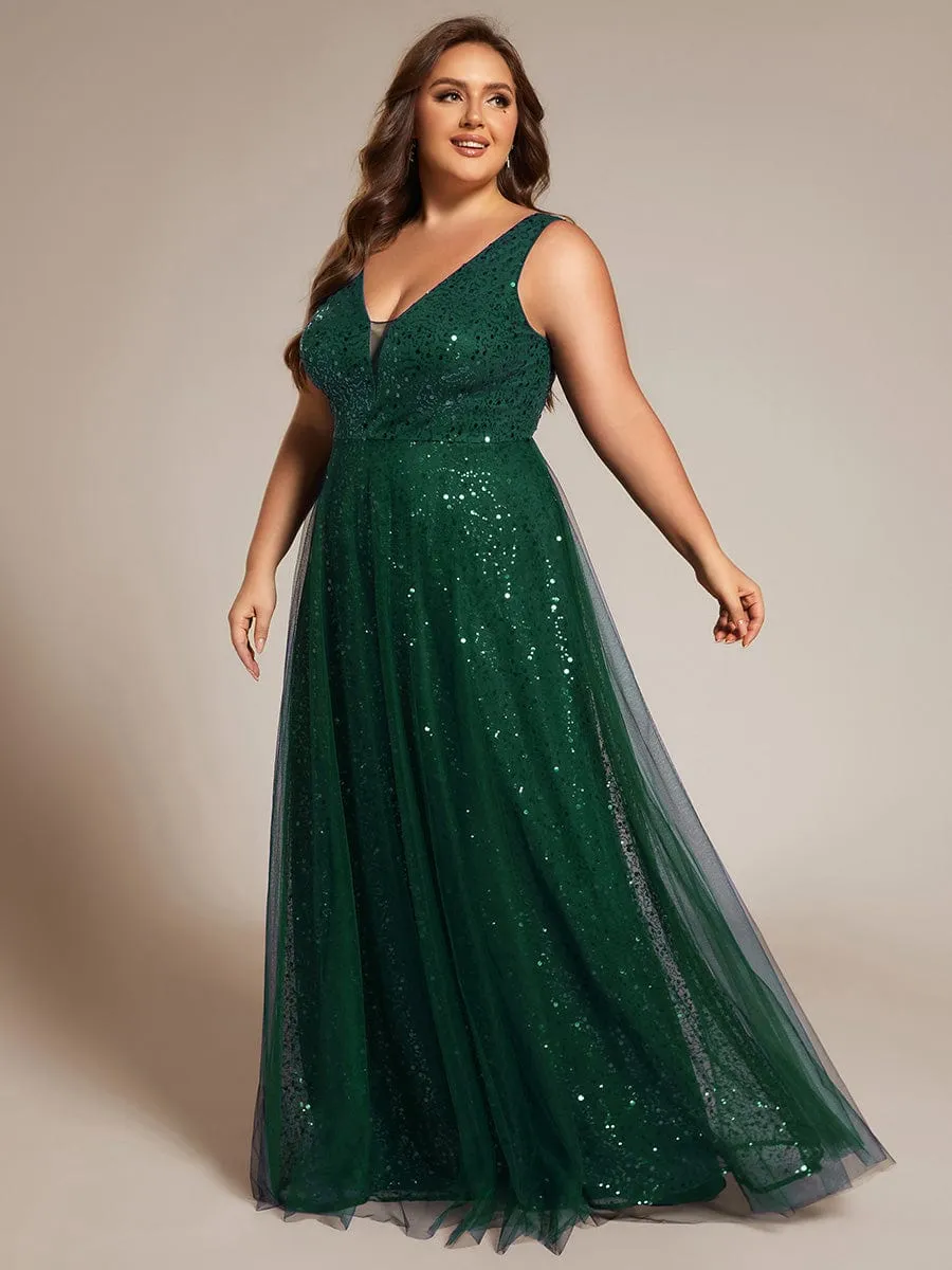 Robe de soirée en tulle transparent sans manches à col en V et paillettes