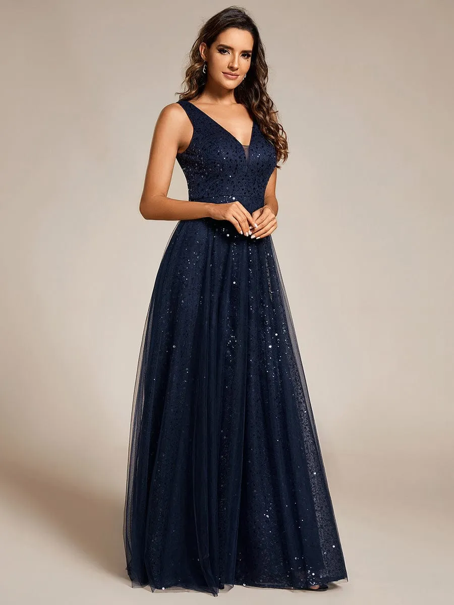 Robe de soirée en tulle transparent sans manches à col en V et paillettes