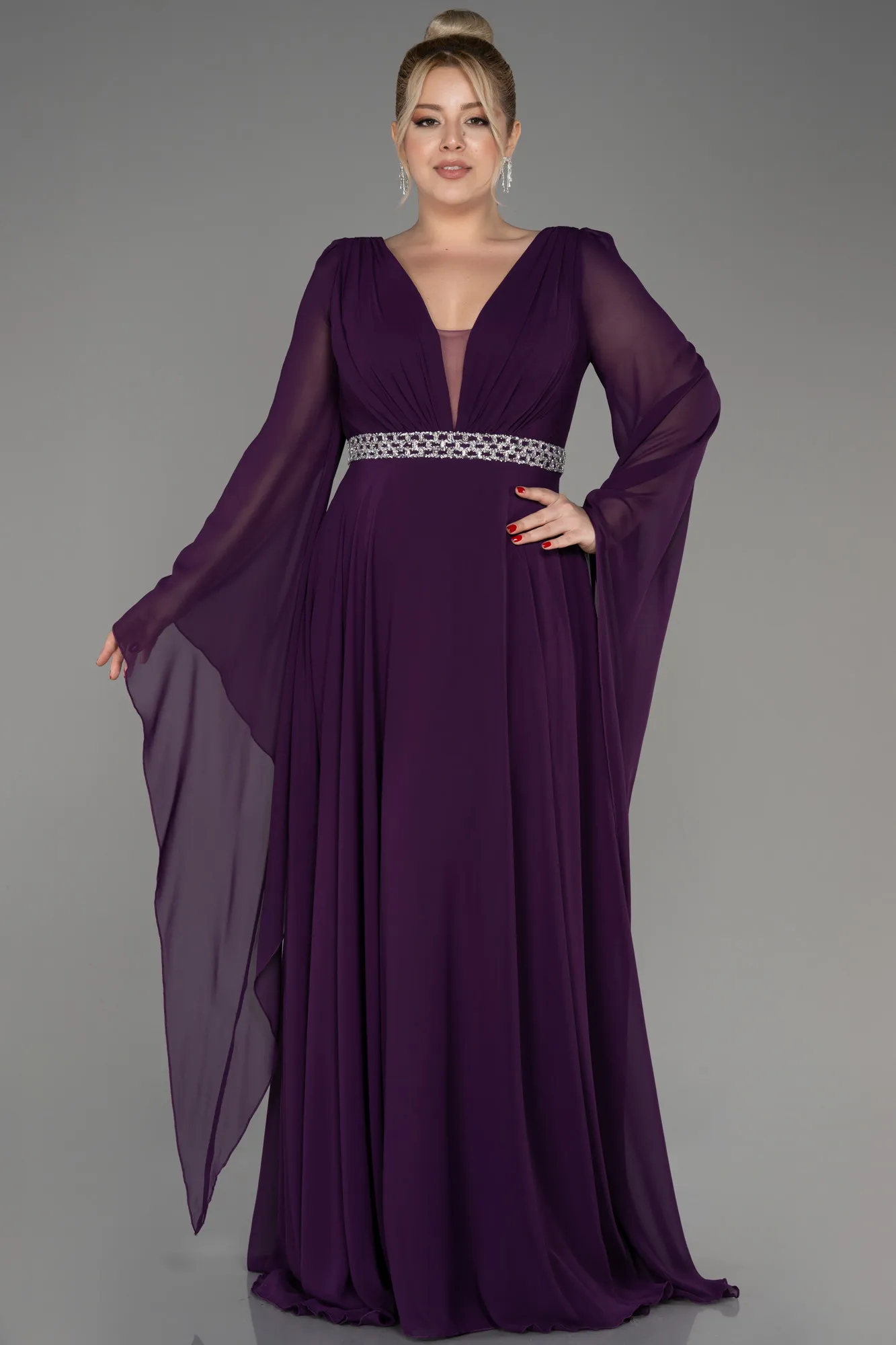 Robe De Soirée Grande Taille Mousseline Longue Violet Foncé ABU3543