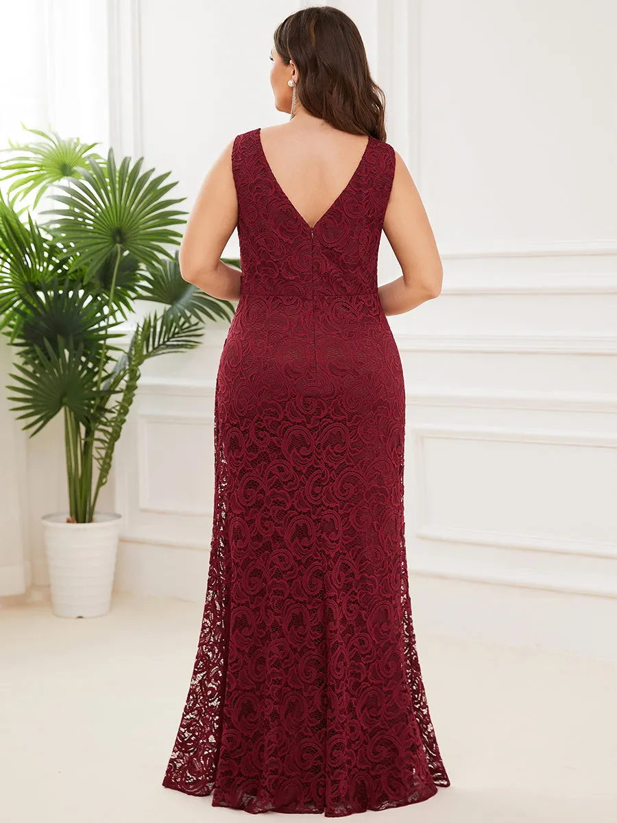 Robe de soirée Grande taille plissée en dentelle moulante sans manches longue