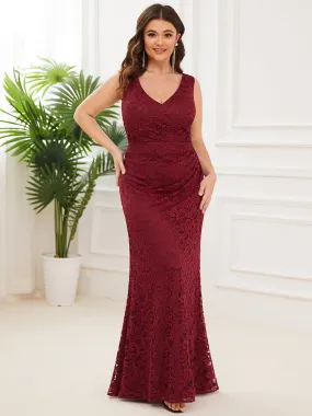 Robe de soirée Grande taille plissée en dentelle moulante sans manches longue