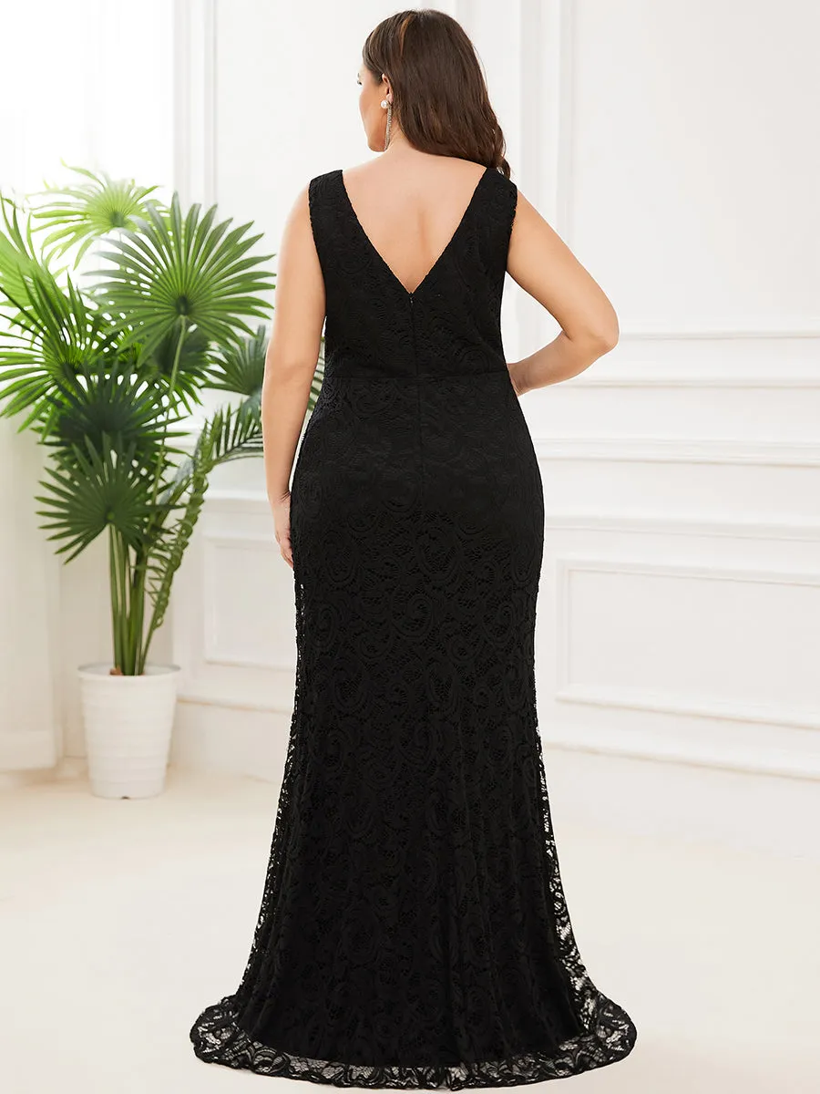 Robe de soirée Grande taille plissée en dentelle moulante sans manches longue