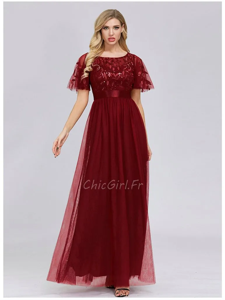 Robe De Soirée Longue Bordeaux Tulle Fluide Manche Papillon Brillante Avec Ceinture