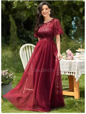 Robe De Soirée Longue Bordeaux Tulle Fluide Manche Papillon Brillante Avec Ceinture