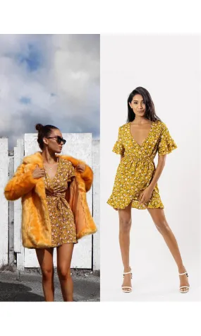 Robe jaune moutarde à imprimé fleuri pour l'été -  Morango, vêtements pour femme