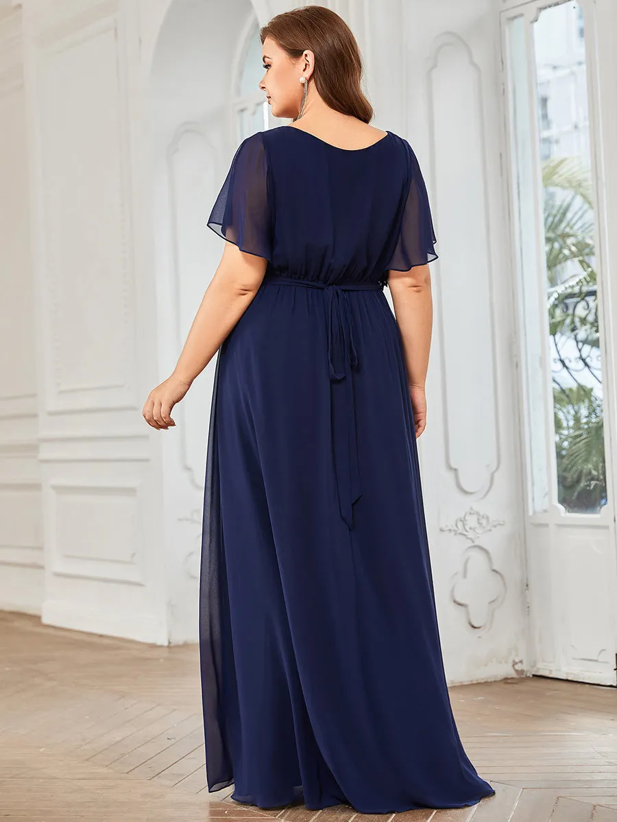 Robe mariage invitée en mousseline de soie longue de grande taille à encolure en V Maxi