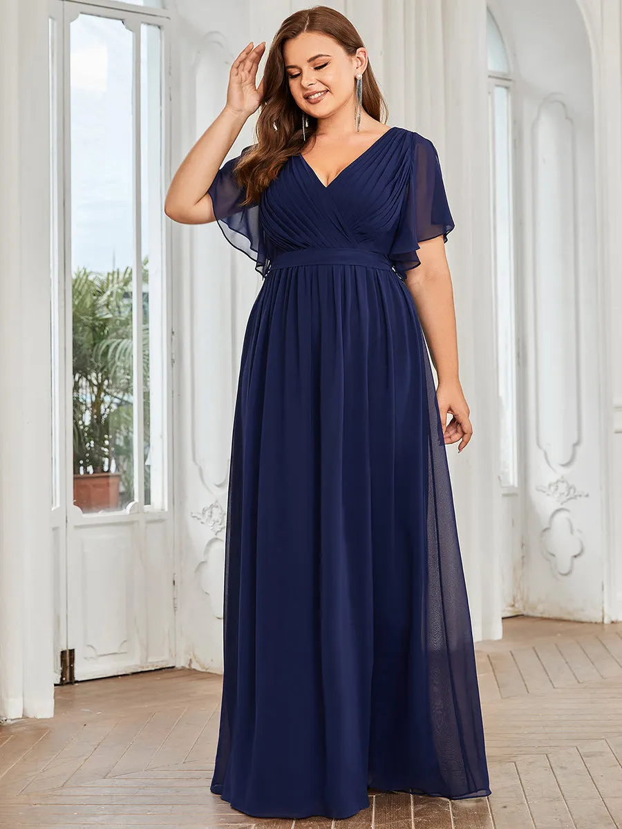 Robe mariage invitée en mousseline de soie longue de grande taille à encolure en V Maxi