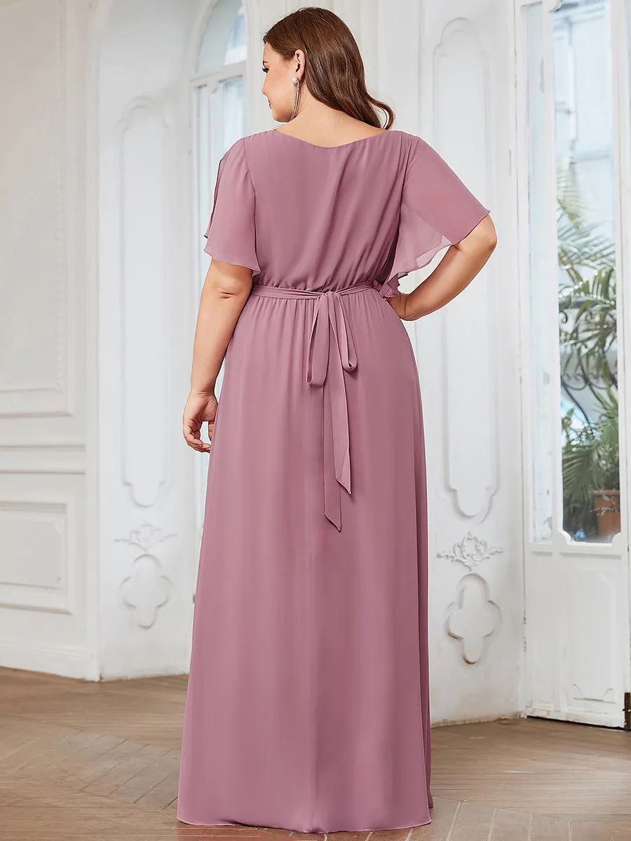 Robe mariage invitée en mousseline de soie longue de grande taille à encolure en V Maxi