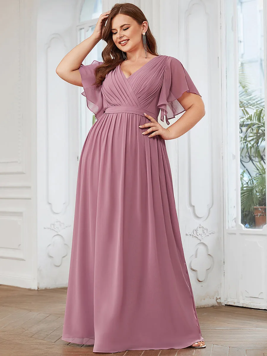 Robe mariage invitée en mousseline de soie longue de grande taille à encolure en V Maxi