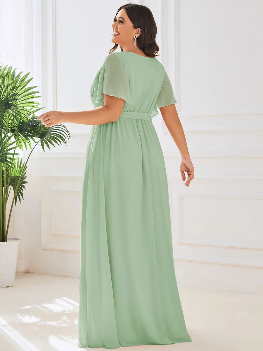 Robe mariage invitée en mousseline de soie longue de grande taille à encolure en V Maxi